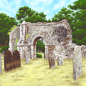 A digital drawing of castle ruins in Bungay, Suffolk, UK.