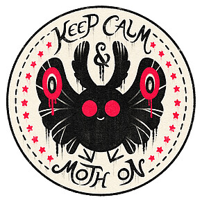 A sticker design of Mothman as a cute little puffball, in a circular design surrounded by red stars and the words "Keep Calm & Moth On"